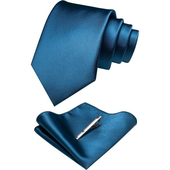 Men\'s Peacock Blue Solid Color Formal Necktie And Pocket Square Tie Clip Sets